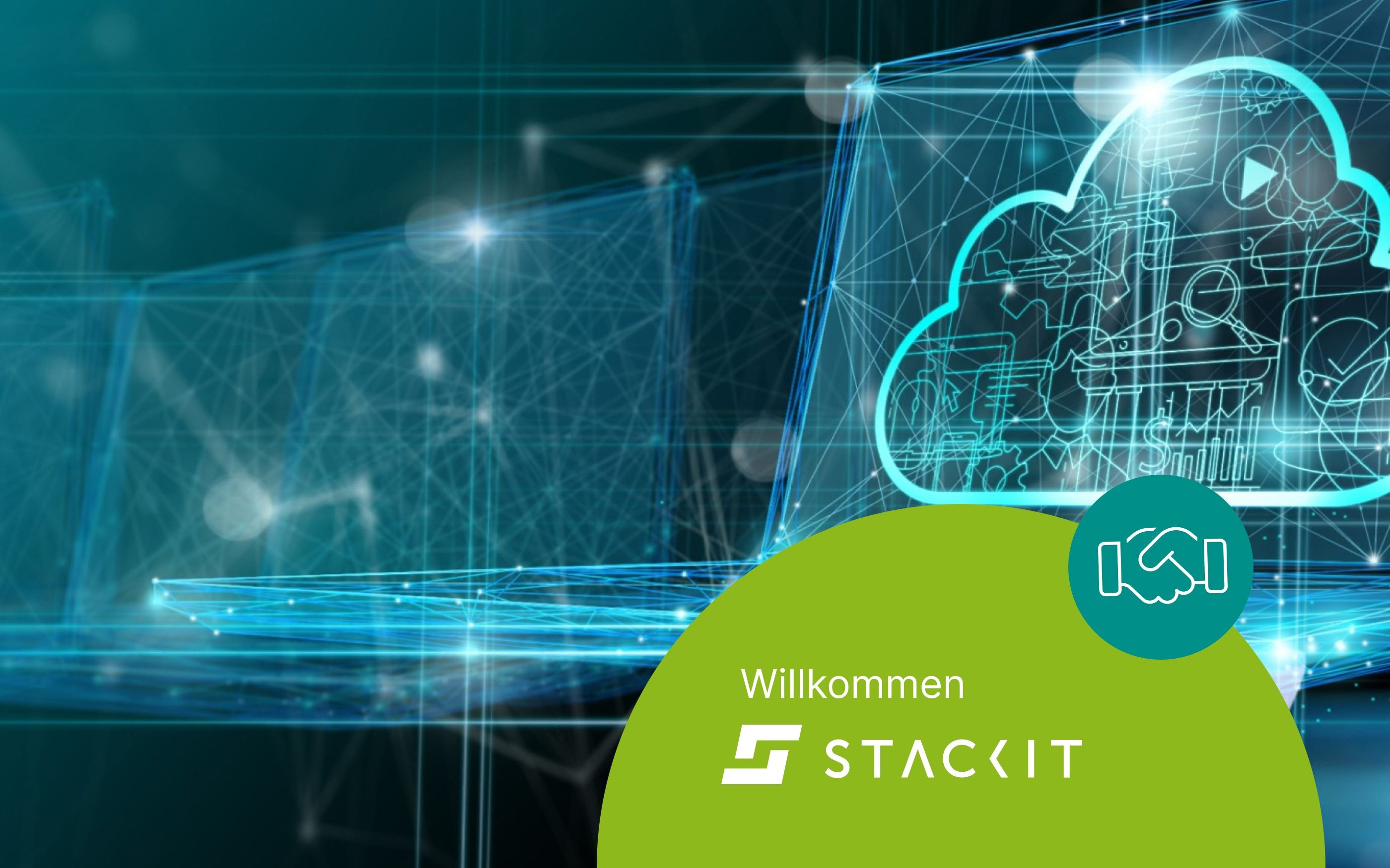 Digitale Grafik mit Cloud-Symbol, Netzwerklinien und „Willkommen STACKIT“-Text als Hinweis auf moderne Cloud-Services