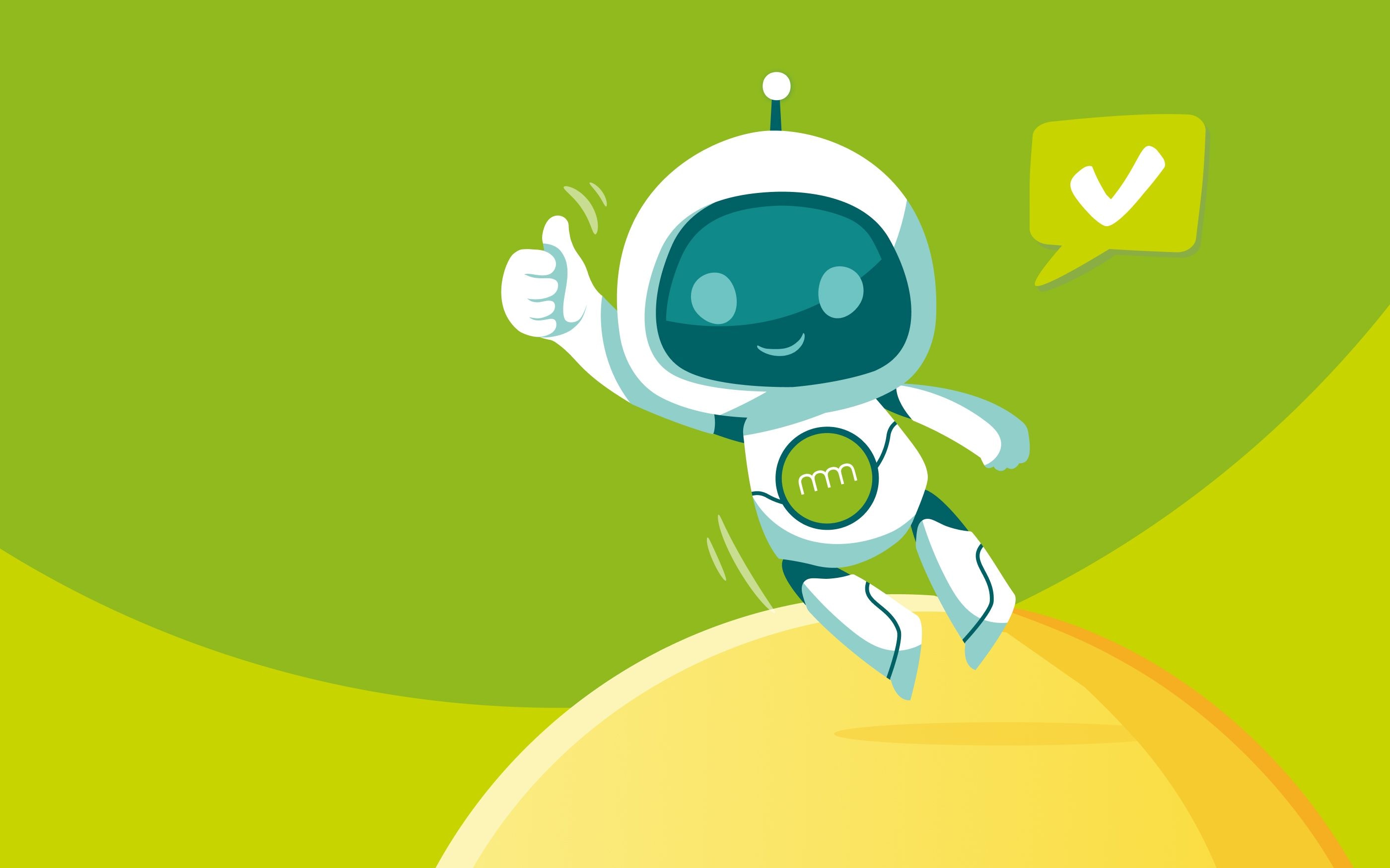 Illustration eines freundlichen Roboters in Weiß und Türkis, der auf einer gelben Kugel balanciert und den Daumen nach oben zeigt. Rechts daneben befindet sich eine grüne Sprechblase mit einem weißen Häkchen. Der Hintergrund ist in verschiedenen Grüntönen gestaltet und vermittelt eine positive, bestätigende Botschaft.
