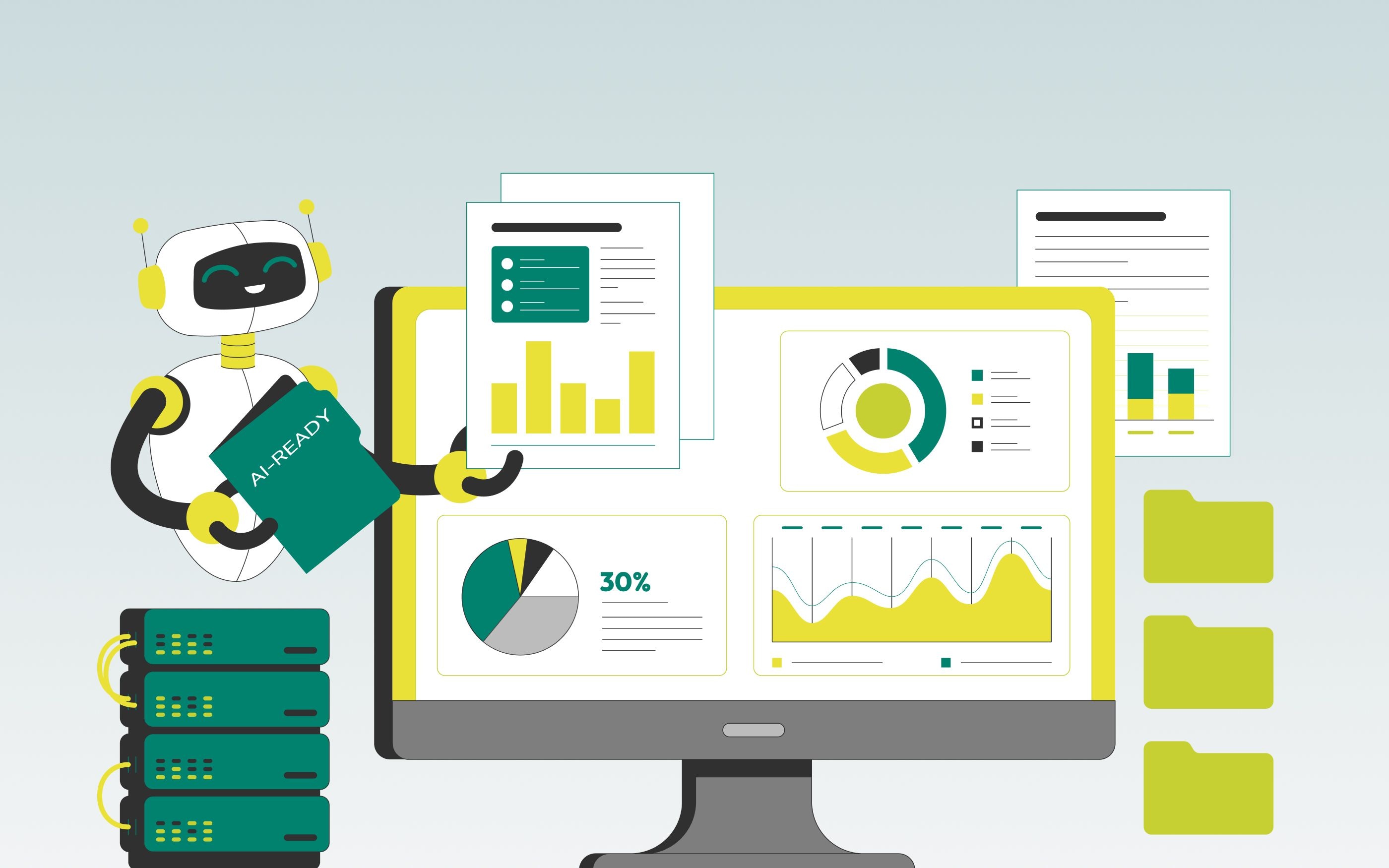 Illustration eines Roboters, der ein Tablet mit der Aufschrift „AI‑READY“ hält und neben Servern steht; im Hintergrund ein Computerbildschirm mit Dashboard‑Diagrammen wie Balken-, Kreis- und Liniendiagrammen sowie Ordnersymbolen.