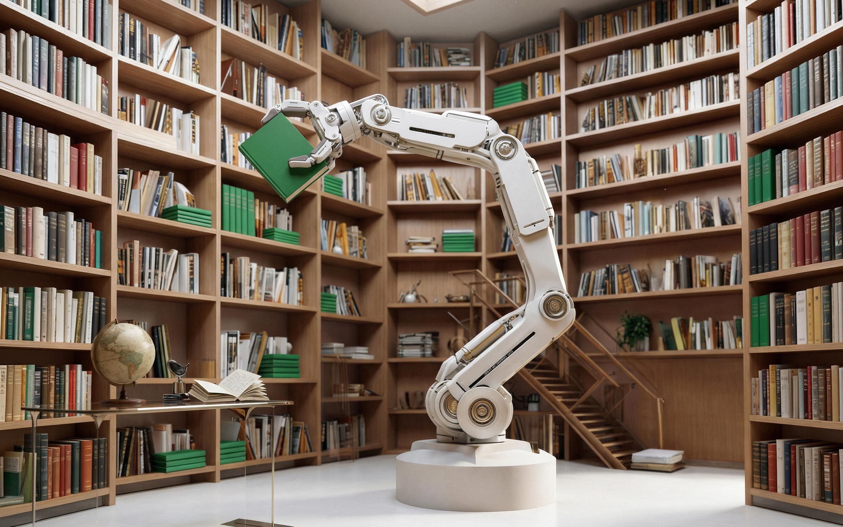 Ein großer robotischer Greifarm steht in einer modernen, holzgetäfelten Bibliothek und zieht ein grünes Buch aus einem Regal. Um den Arm herum befinden sich zahlreiche deckenhohe Bücherregale, ein Tisch mit aufgeschlagenem Buch und Globus sowie eine kleine Treppe zu einer höheren Ebene.