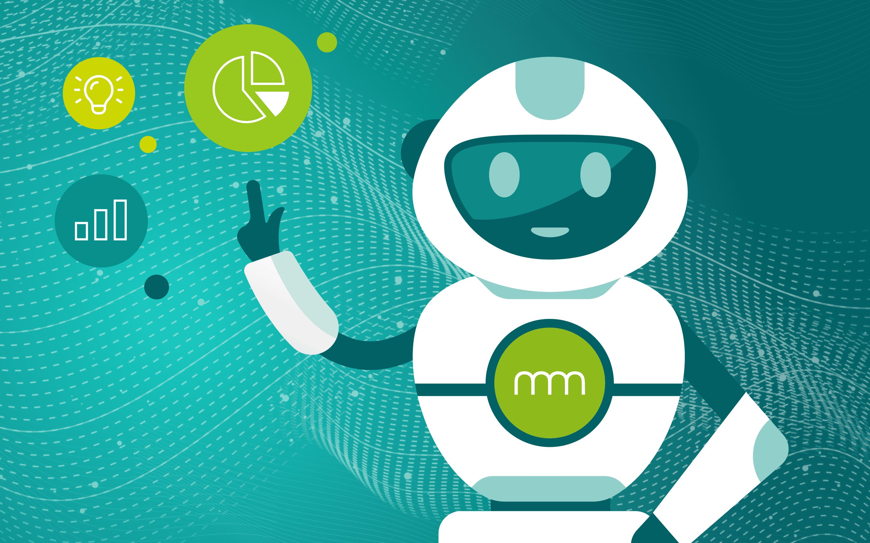 Illustration of a friendly robot against an abstract, turquoise data background. Surrounded by symbols representing ideas, charts, and analyses, the graphic evokes AI, data analysis, automation, and digital innovation.