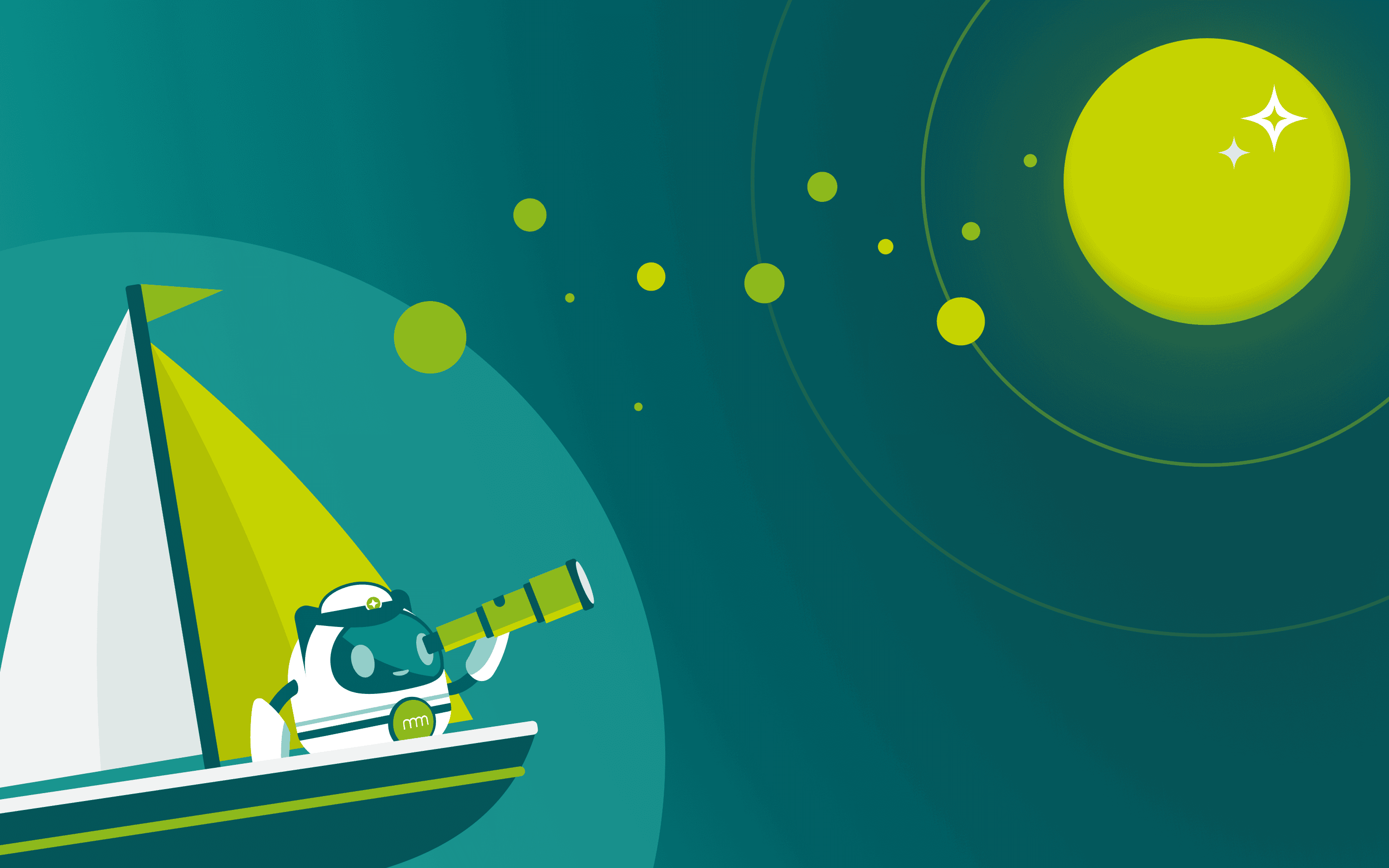 Illustration eines Roboters in einem Segelboot, der mit einem Fernrohr auf einen hell leuchtenden Stern blickt. Das Bild symbolisiert Orientierung, Innovation und den Weg zu zukünftigen Zielen.