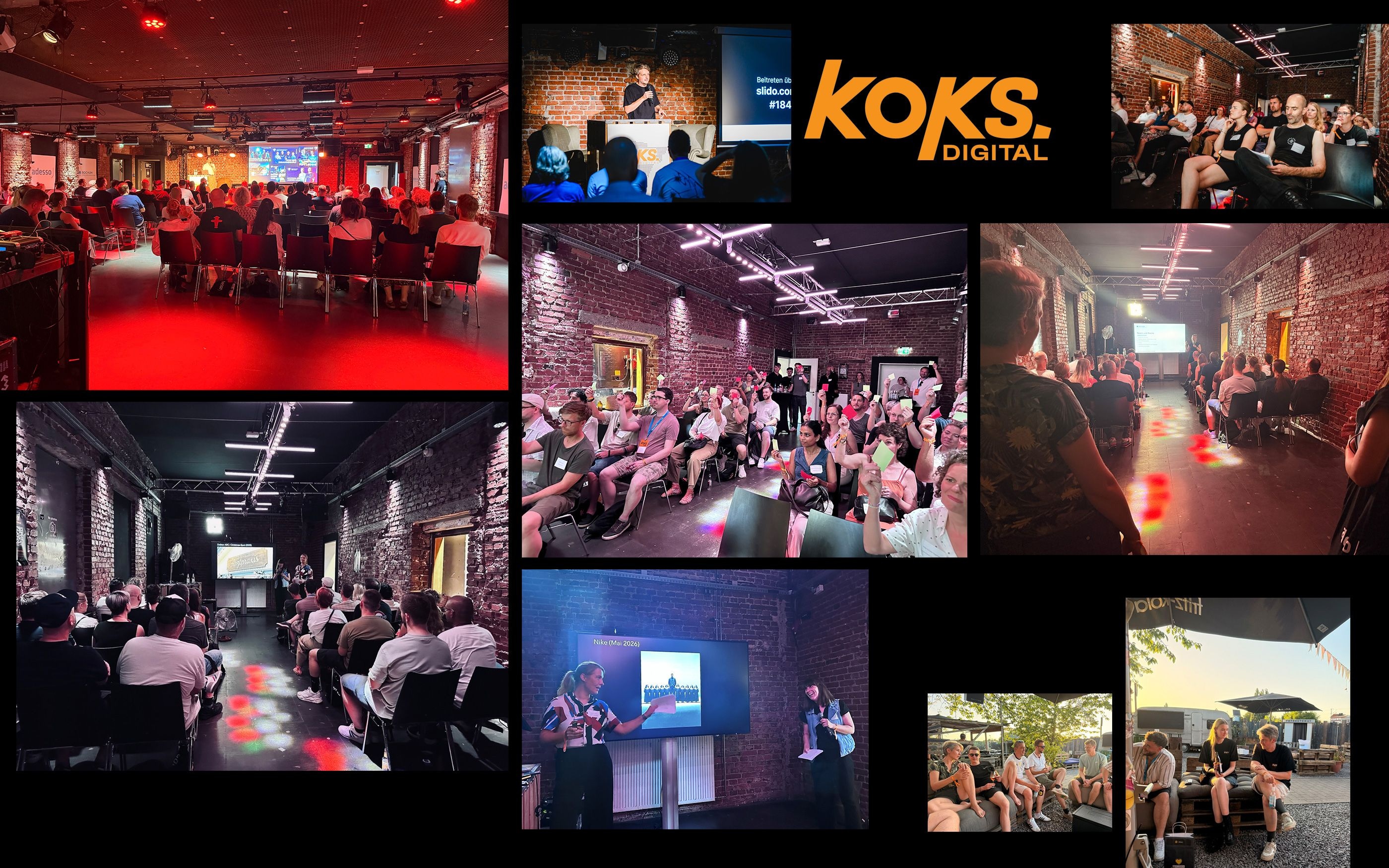Fotocollage eines koks.digital Events in einer industriell gestalteten Location mit Backsteinwänden. Mehrere Aufnahmen zeigen Vorträge vor Publikum, eine Präsentation auf einer Bühne, Zuhörende im Veranstaltungsraum sowie Gespräche im Außenbereich. Zentral platziert ist das orangefarbene „koks.digital“-Logo auf schwarzem Hintergrund.