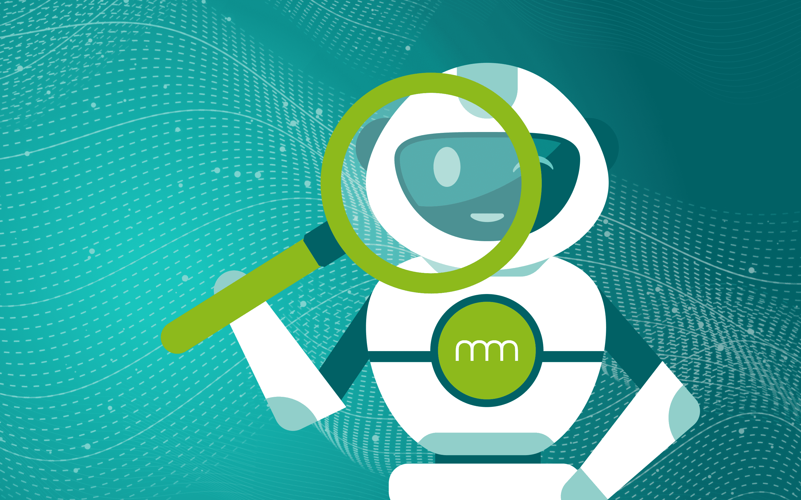 Illustration of a white-and-green robot holding a magnifying glass against a turquoise background. The magnifying glass magnifies the robot's face. Abstract data and wave patterns run across the background. A green symbol with “mm” is visible on the robot's chest.