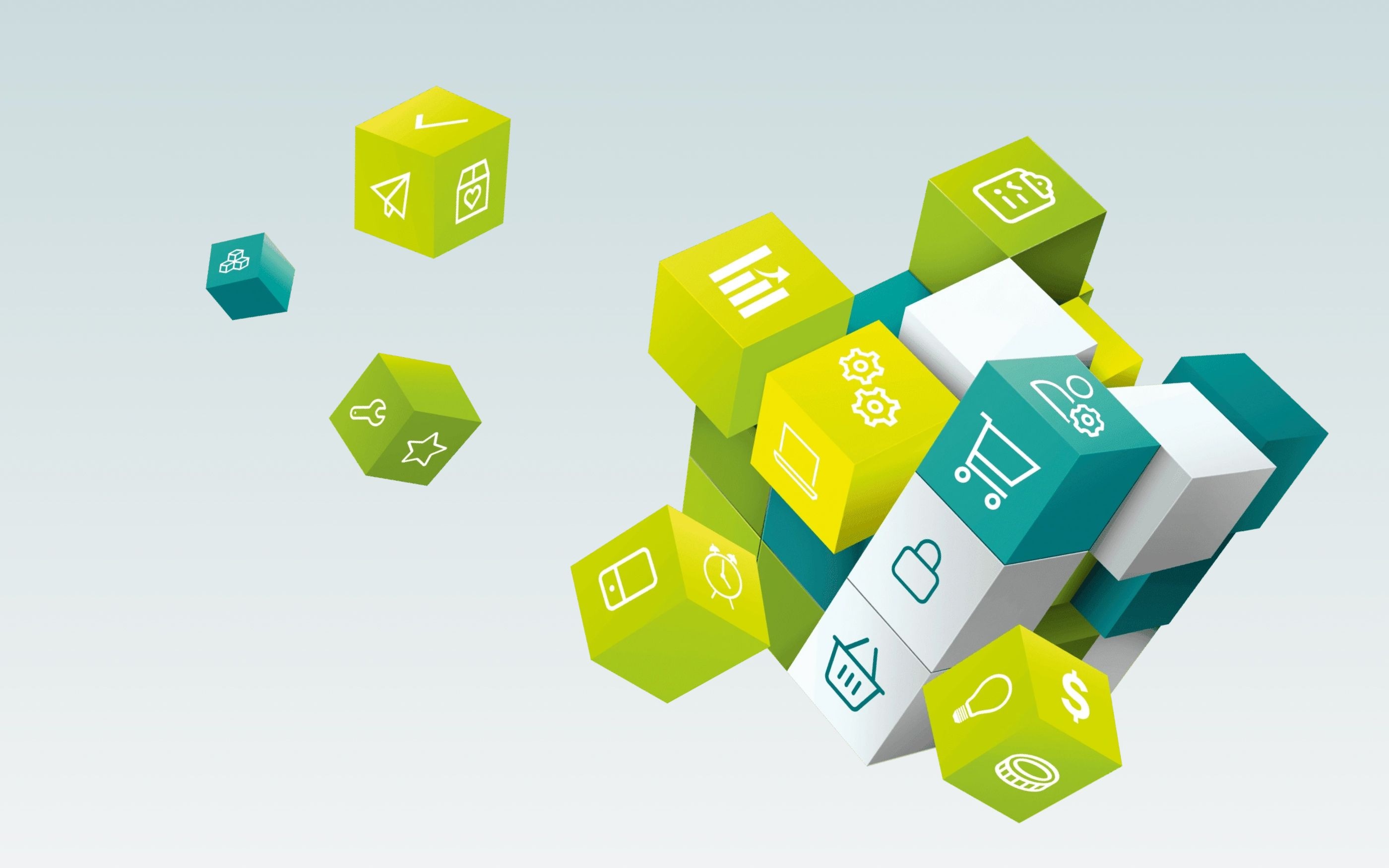 Colorful 3D cubes featuring symbols for e-commerce, data, and processes, all interconnected to represent a digital product data ecosystem.